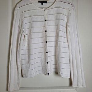 St. John White Textured Ottoman Illusion Knit Cardigan Sweater.